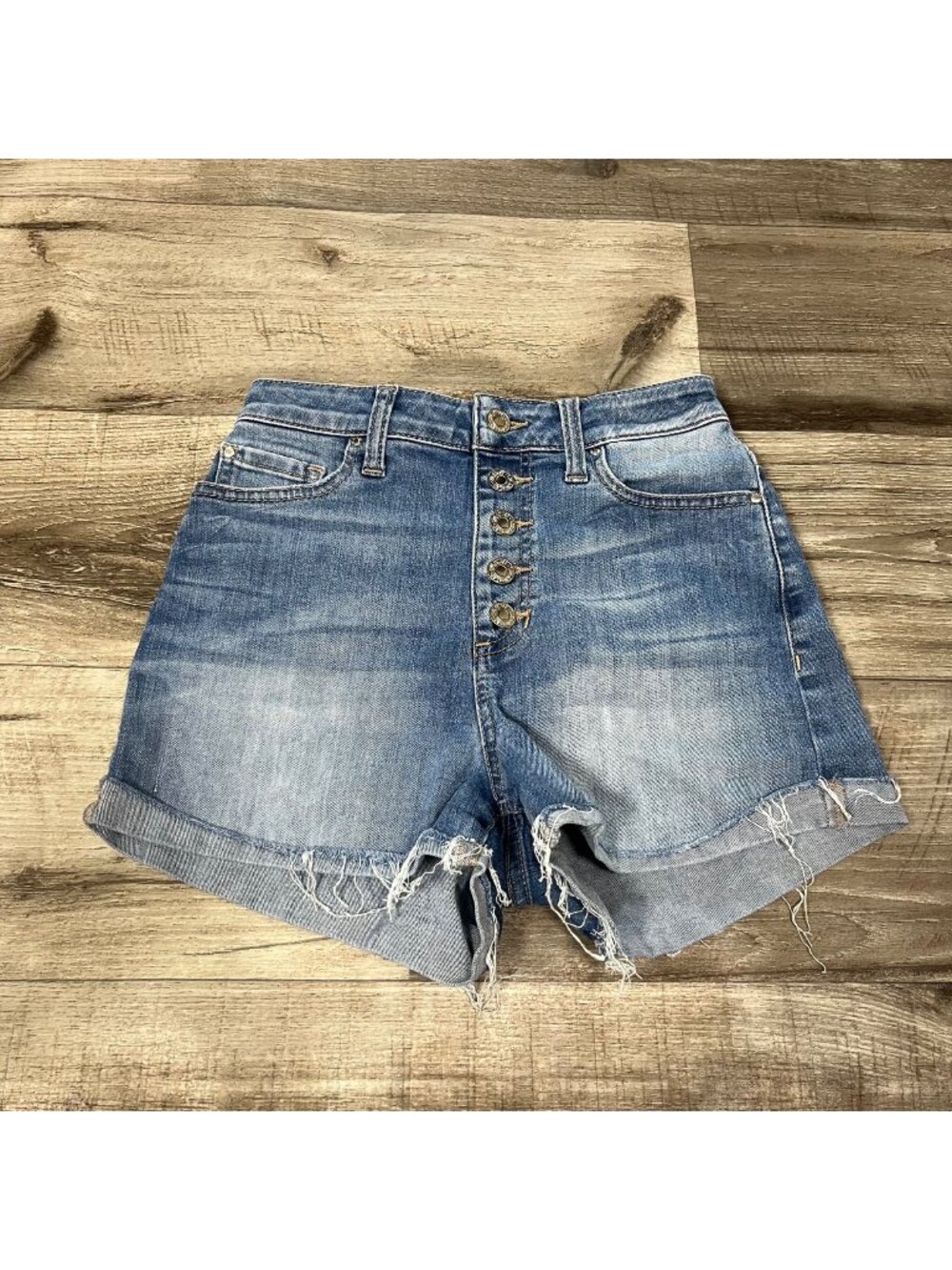 Guess High Rise Exposed Button Fly Leg Fray Denim Shorts Blue Women’s Size 24